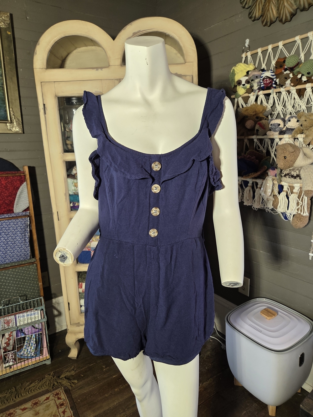 She + Sky Navy Blue Ruffled Button-Front Romper